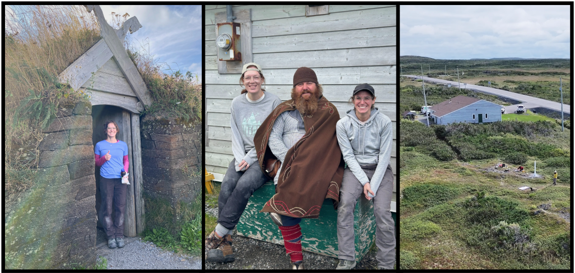 Une femme sortant d’une structure viking, trois personnes assises sur un banc et une vue aérienne d’un bâtiment avec des personnes au premier plan.