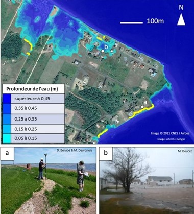 Carte d'onde de tempête, photo de deux personnes effectuant l'échantillonnage des débris, et une photo d'une rue résidentielle inondée.