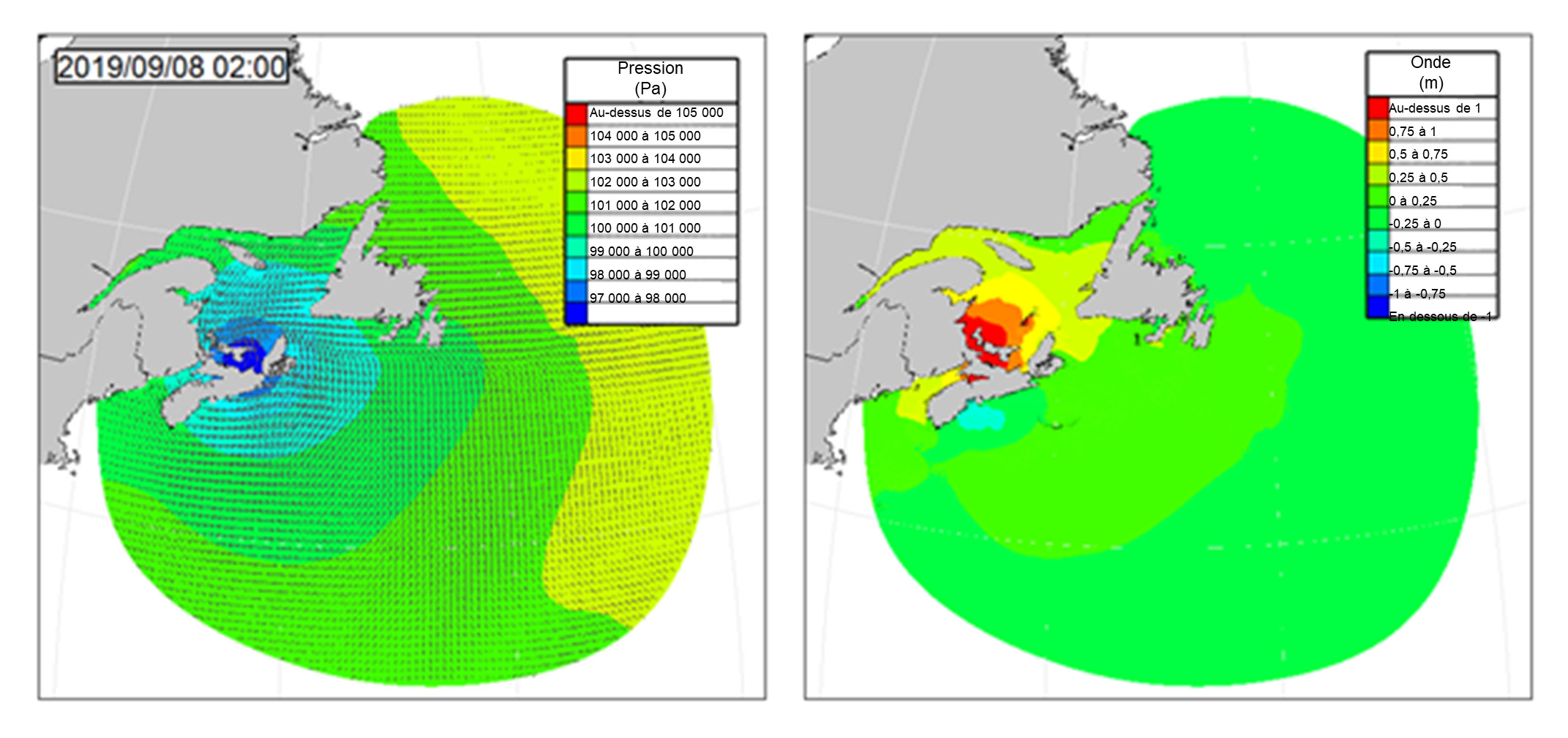 Deux images d'une carte de pression atmosphérique et d'une carte d'onde atmosphérique montrant les différents niveaux sur l'est du Canada.
