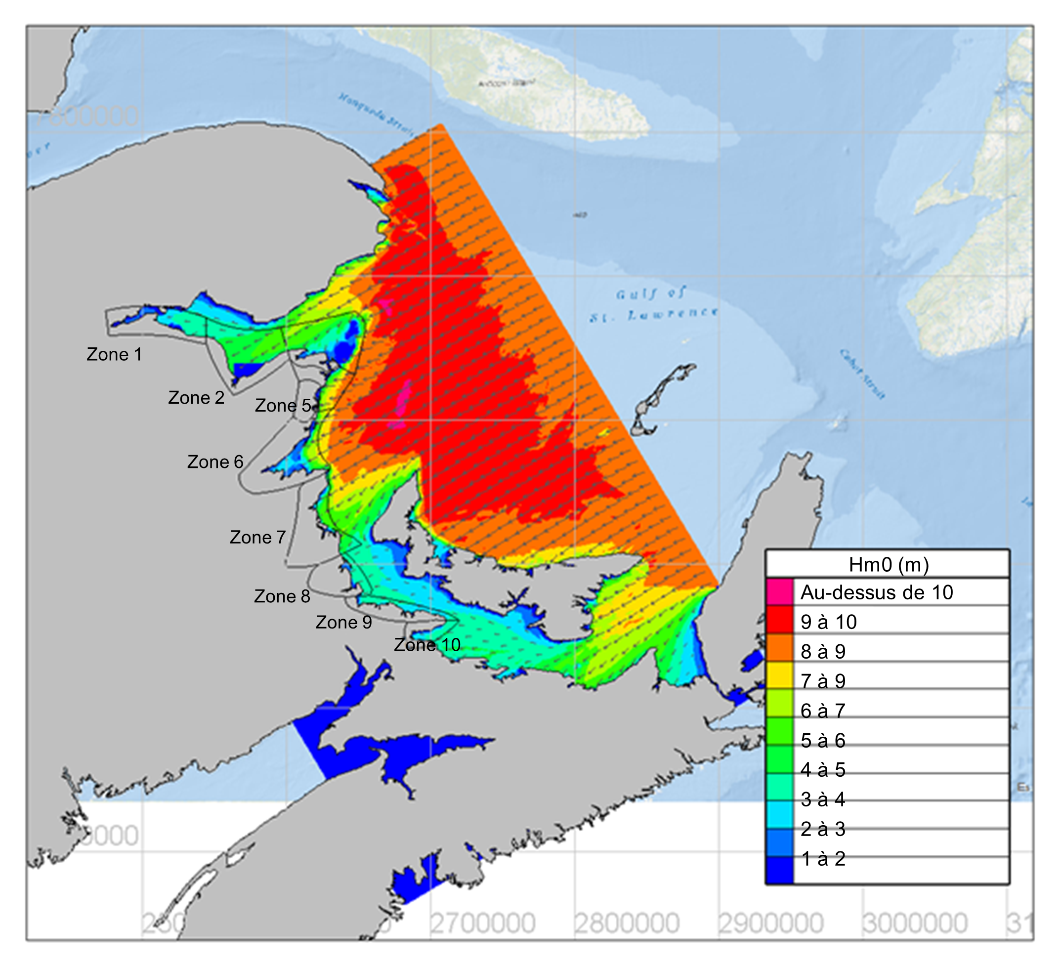 Carte du golfe du Saint-Laurent montrant une gamme de hauteurs de vagues et de directions de vagues maximales.