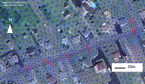 Photo satellite avec superposition de mailles bleu foncé délimitant le drainage et la connectivité, avec cinq ponceaux surlignés en rouge.