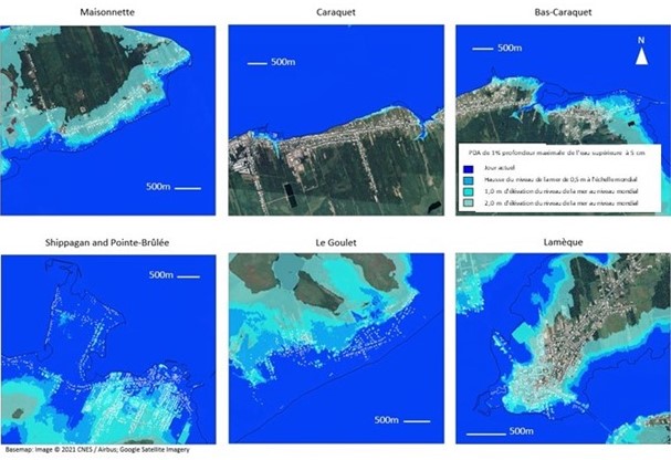Six images satellitaires montrant des scénarios futurs de niveau moyen de la mer pour différentes zones de la Péninsule acadienne.