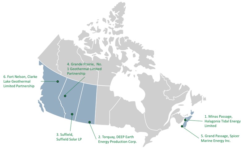 Figure deux : Carte montrant 6 projets de déploiement du PERE situés au Canada.