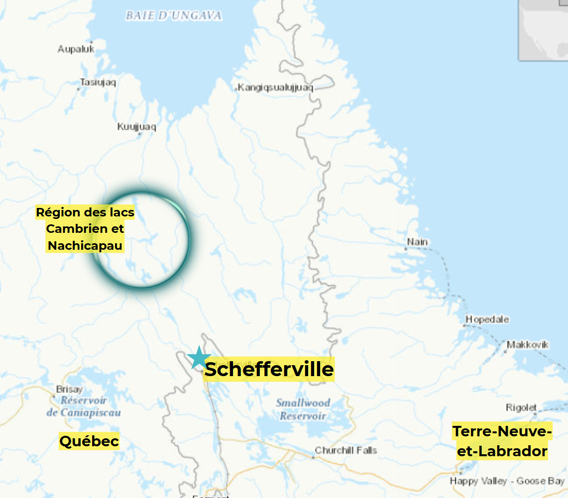 Carte du nord du Québec et du Labrador indiquant l'emplacement de Schefferville par rapport à la région des lacs Cambrien et Nachicapau. Carte (Geo.ca). 