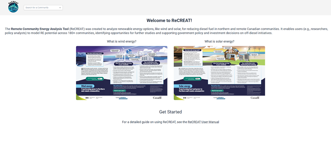 Capture d'écran de l'application web basée sur le cloud appelée « Remote Community Renewable Energy Assessment Tool » (ReCREAT).