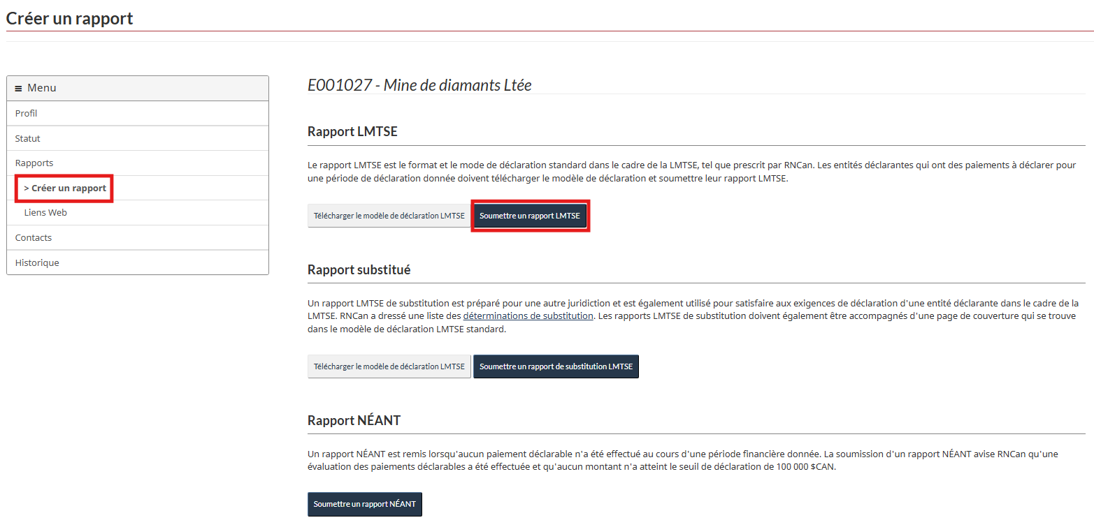 Page de création d’un rapport mettant en évidence le bouton Soumettre le rapport LMTSE situé à côté du bouton Télécharger le modèle de rapport.