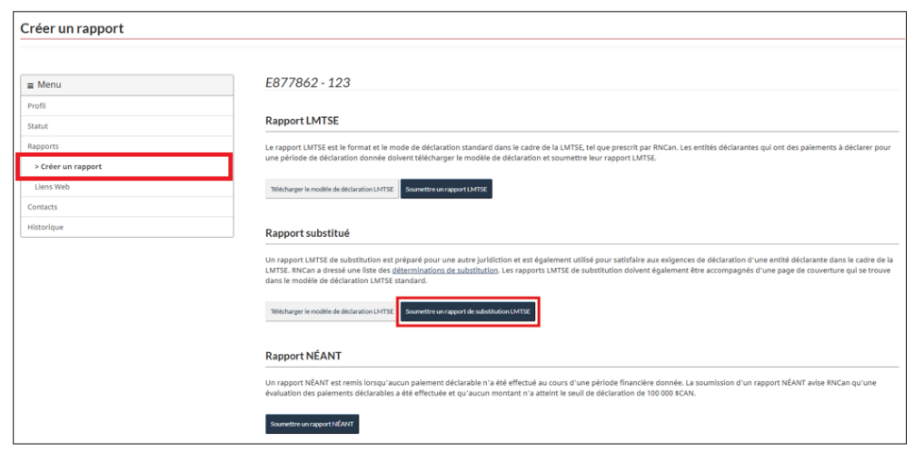 Page de création de rapport indiquant l’option permettant de soumettre un rapport de substitution de la LMTSE.
