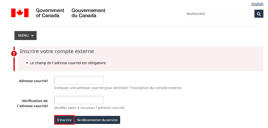Page d’enregistrement de compte externe nécessitant un courriel pour continuer à vous inscrire.