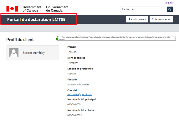 Page de profil client affichant le message de confirmation par courriel et les détails du profil.