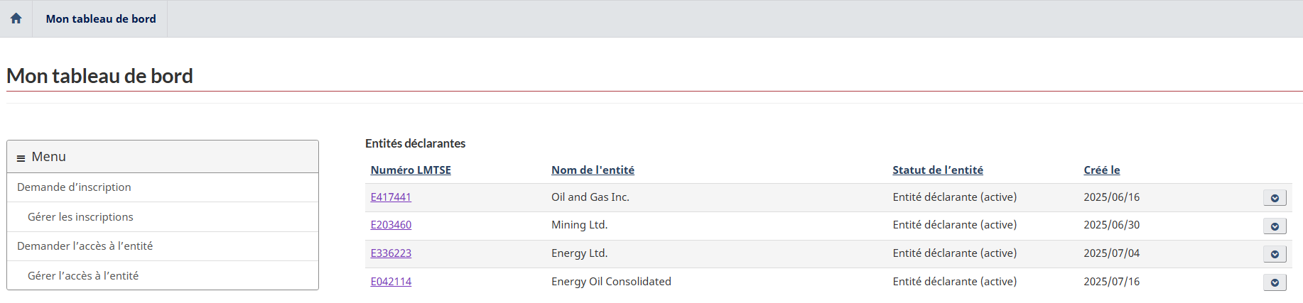 Page Mon tableau de bord affichant la liste des entités déclarantes actives.