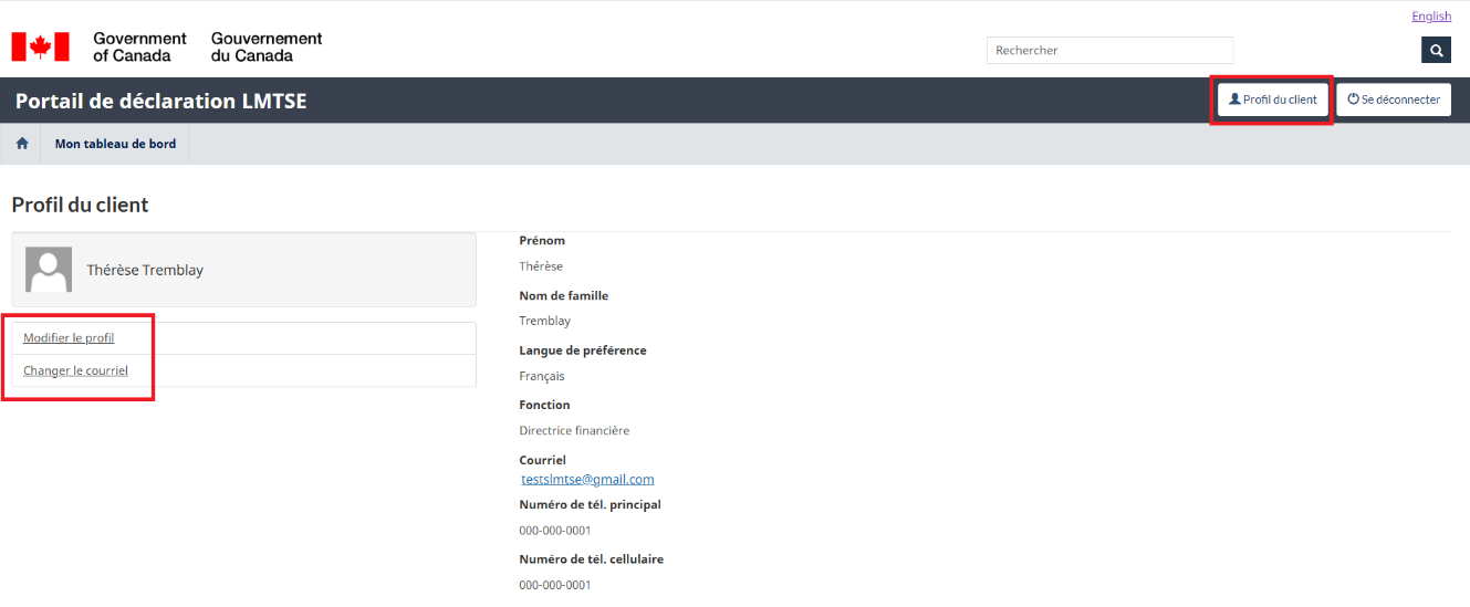 Page de profil client montrant que vous devez sélectionner Changer le courriel pour modifier l’adresse électronique du profil.