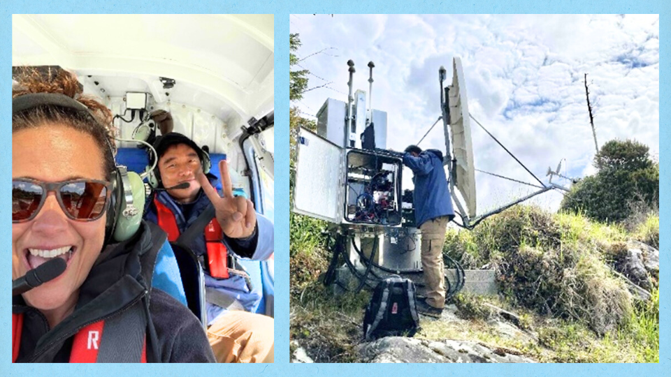 Un homme et une femme à bord d’un hélicoptère. La seconde photo montre un homme en train d’installer une station d’ASP sur le flanc d’une colline herbeuse.