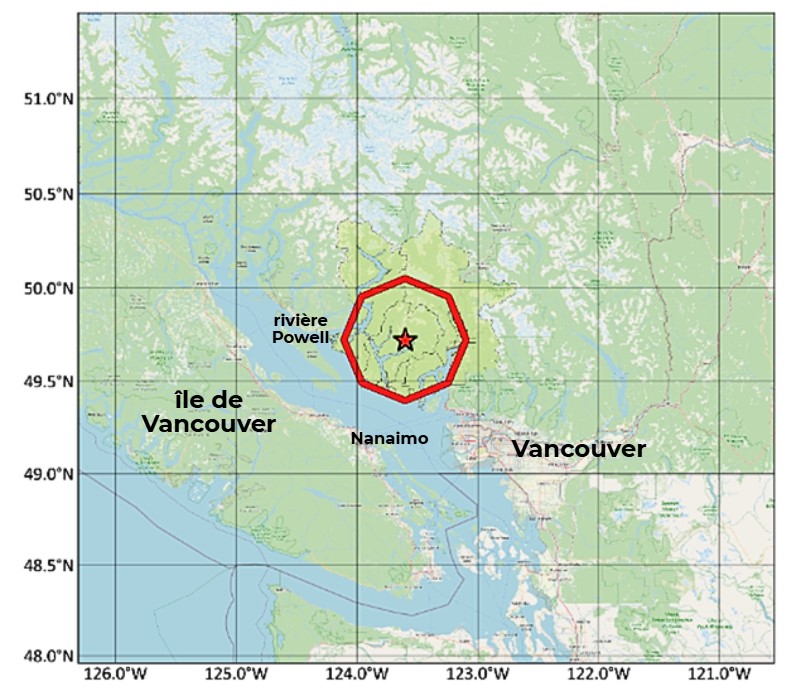 Carte de la zone d’alerte sismique précoce lors du séisme en février 2025