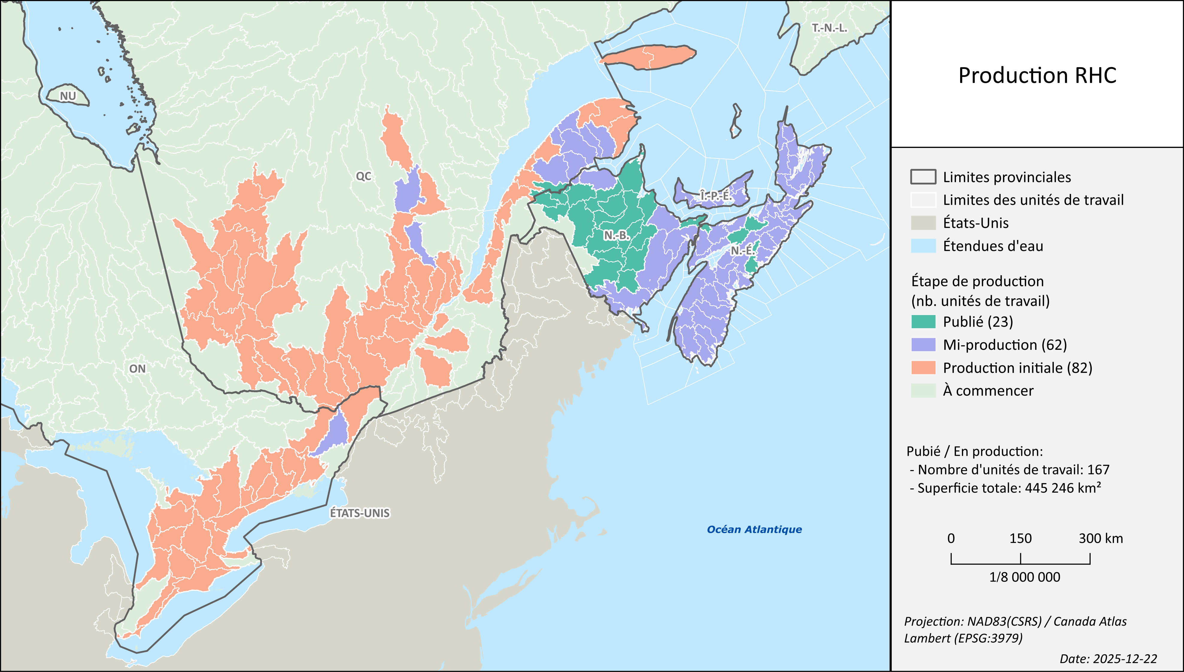 Carte montre l'emplacement des 23 premières unités de travail du Réseau hydrospatial canadien