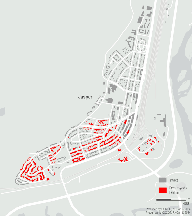 Une carte de la ville de Jasper, Alberta, montrant les bâtiments endommagés par les feux de forêts