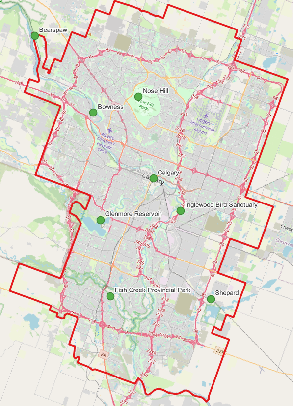 Une carte des sept sites du sous-ensemble de la BDTC du Service météorologique du Canada situés à Calgary, AB