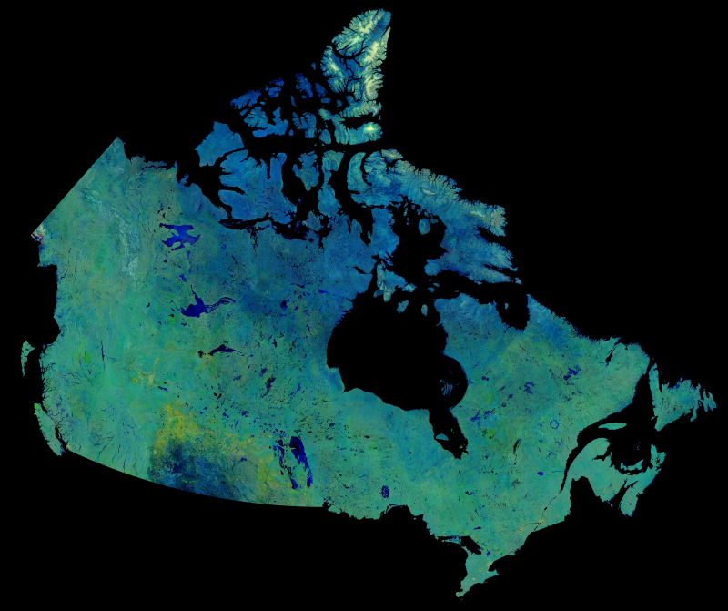Une mosaïque radar de la masse terrestre canadienne composée de 3222 images provenant de la mission Constellation RADARSAT