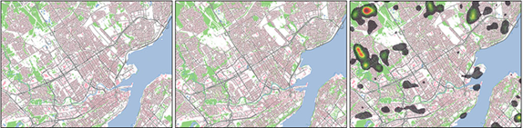 La carte montre la ville de Québec en 2002, en 2022 et montre les changements identifiés par l’IA