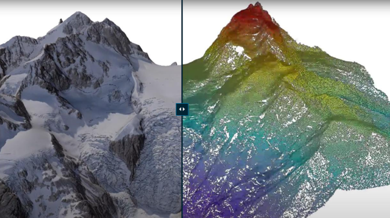 Col Combatant en tant qu’image aérienne superposée à des données d’élévation et que nuage de points lidar coloré en fonction de l’élévation