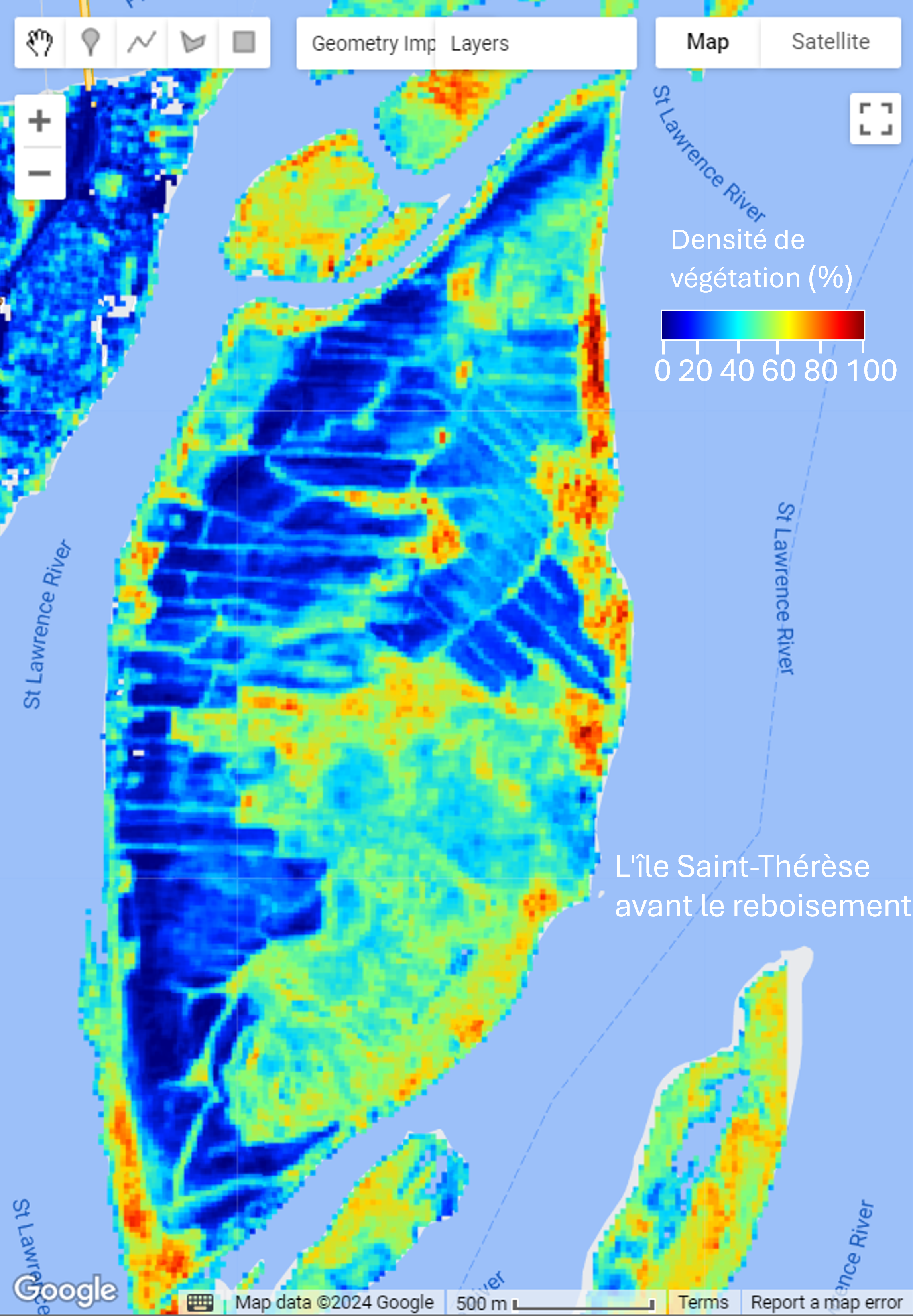Carte de l’île de Sainte-Thérèse montrent un accroissement du boisement avec une échelle de couleur