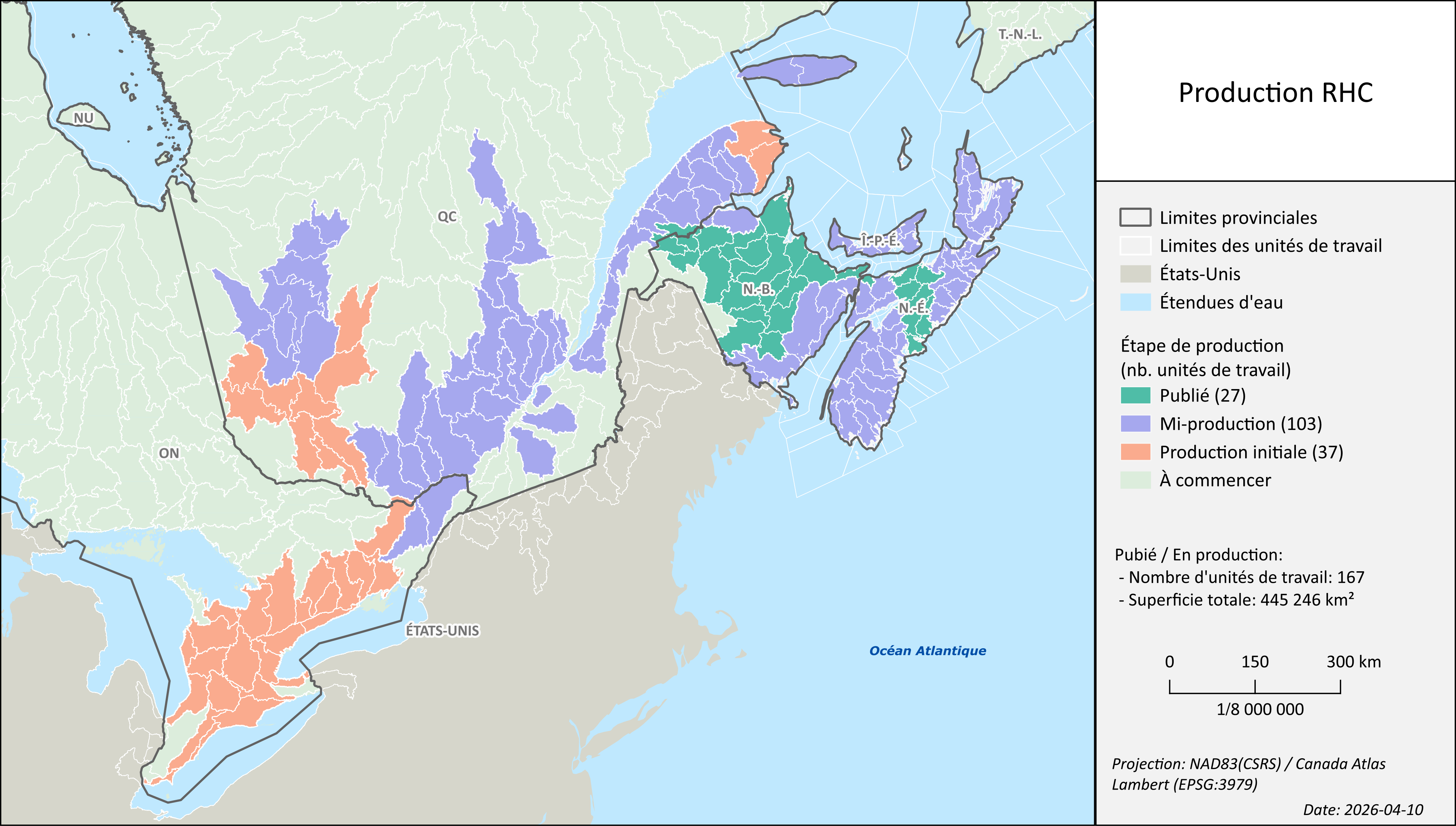 Une carte montrant l'emplacement des unités de travail du Réseau hydrospatial canadien.