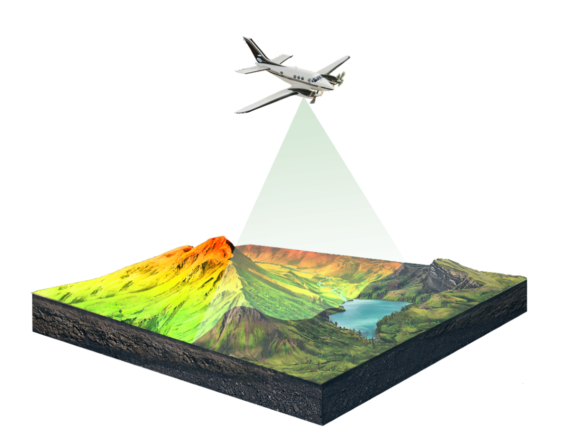 Graphique d’un avion utilisant un instrument lidar pour envoyer des impulsions lumineuses vers le sol. Une carte avec des montagnes, des lacs et des arbres se trouve sous l’avion.