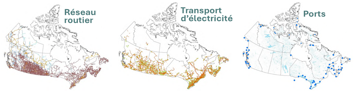 Trois cartes illustrent la forte concentration d’infrastructures routières, de transport d’électricité et portuaires dans le sud du Canada.