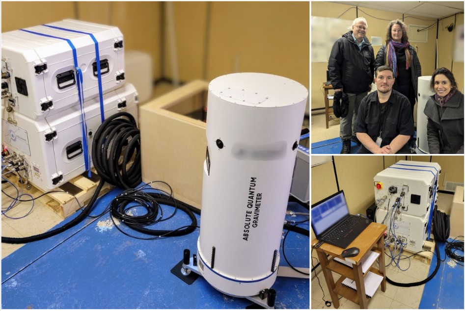 Collage de trois photos : sur la plus grosse des trois, on voit des équipements électroniques dans une pièce à côté d’un instrument cylindrique blanc sur lequel est écrit Absolute quantum gravimeter; la deuxième photo montre des chercheurs debout ou agenouillés à côté de l’instrument; la dernière montre le gravimètre connecté à un ordinateur  