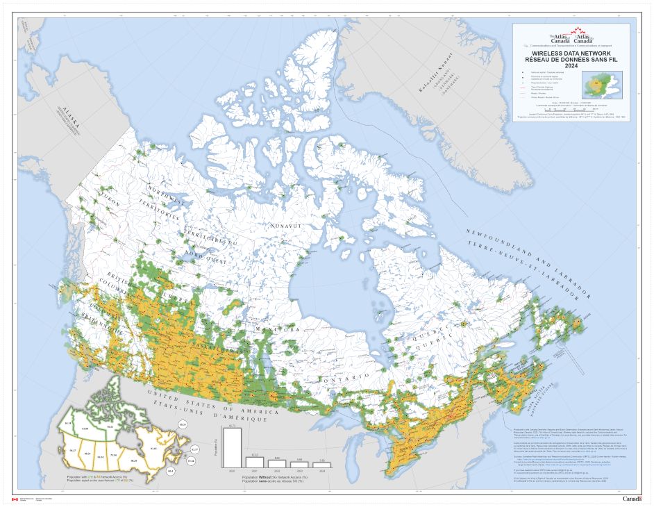 Carte du Canada montrant les réseaux de données sans fil 5G et LTE