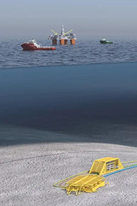 Un rendu 3D d’un champ pétrolifère sous-marin dans la baie du Nord au Canada.