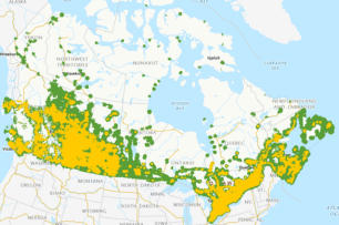 Carte du Canada montrant les réseaux de données sans fil 5G et LTE