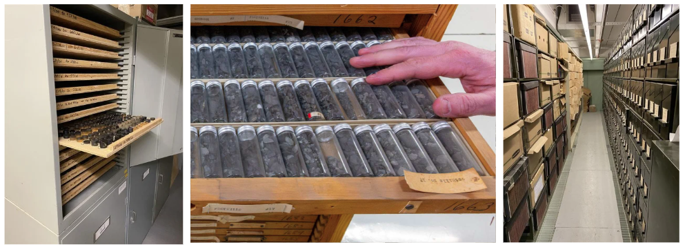Trois images montrent des tiroirs et des armoires en bois remplis de rangées d’échantillons géologiques étiquetés, ainsi qu’une allée étroite bordée d’armoires de rangement pour les échantillons. 