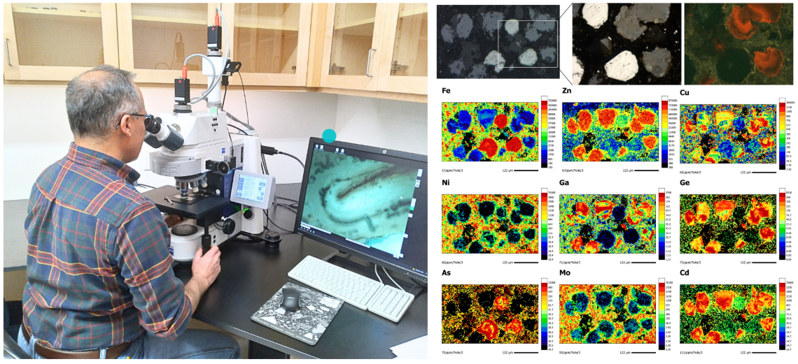 Trois images montrent un scientifique utilisant de l’équipement de laboratoire, des rangées d’échantillons géologiques étiquetés et un scientifique examinant des échantillons au microscope.