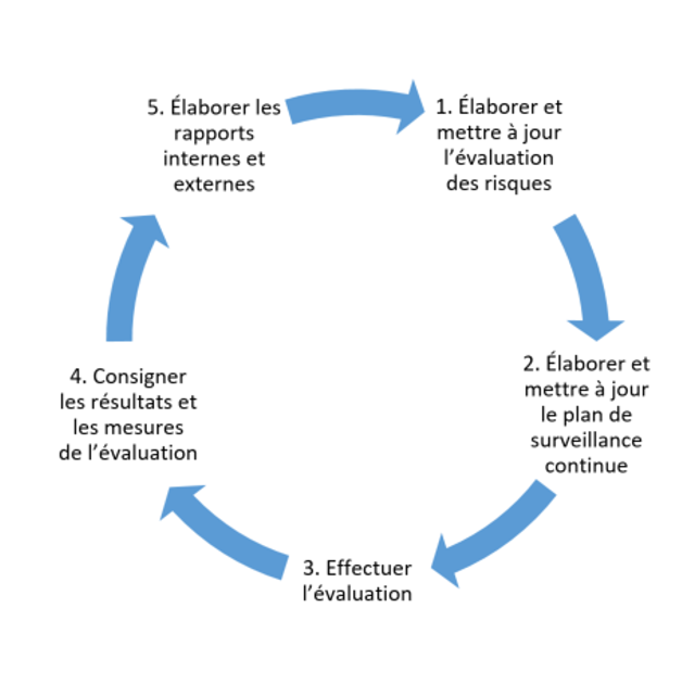 Approche visant la surveillance continue du CIGF
            La figure montre les 5 étapes de l’approche visant la surveillance continue du CIGF.
            Étape 1 : élaborer et mettre à jour l’évaluation des risques
            Étape 2 : élaborer et mettre à jour le plan de surveillance continue
            Étape 3 : effectuer l’évaluation
            Étape 4 : consigner les résultats et les mesures de l’évaluation
            Étape 5 : élaborer les rapports internes et externes