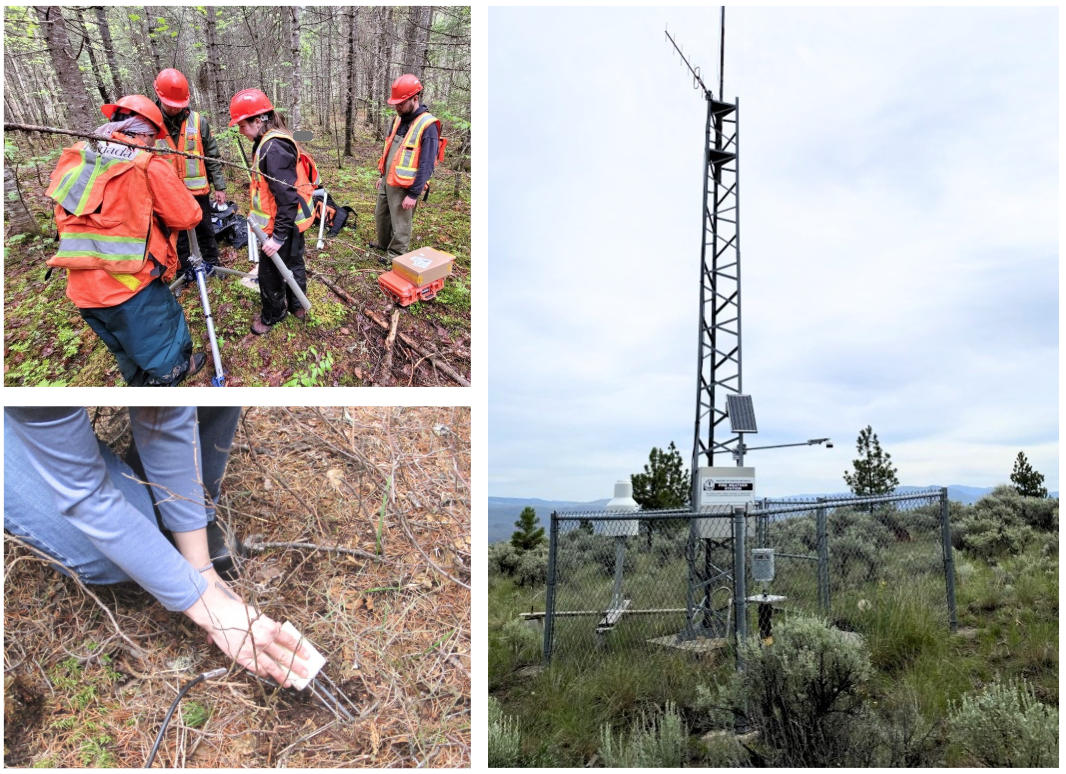 Trois photos montrant des chercheurs en train d’installer des appareils dans une forêt, un gros plan de l’installation d’un humidimètre dans le sol et une station de météorologie forestière sur une tour en métal en Colombie-Britannique. Ces stations servent à collecter un peu partout au pays les données météorologiques utilisées par la Méthode IFM.