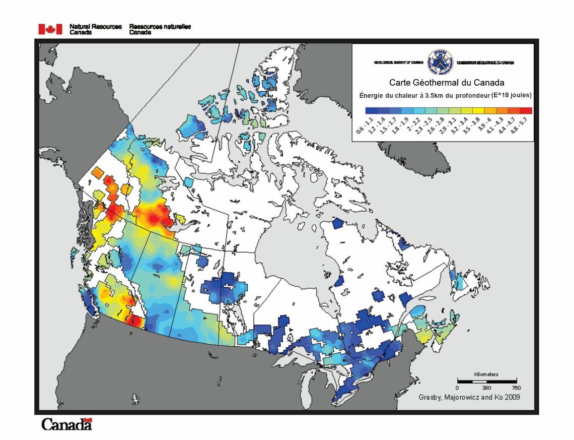Carte du Canada montrant l’énergie thermique à une profondeur de 3,5 kilomètres. Les couleurs vont du bleu (énergie thermique plus basse) au rouge (énergie thermique plus haute). Les valeurs les plus élevées sont concentrées en Colombie-Britannique, au Yukon et dans les Territoires du Nord-Ouest, mais d’autres zones sont aussi cartographiées dans le sud et l’est du pays.