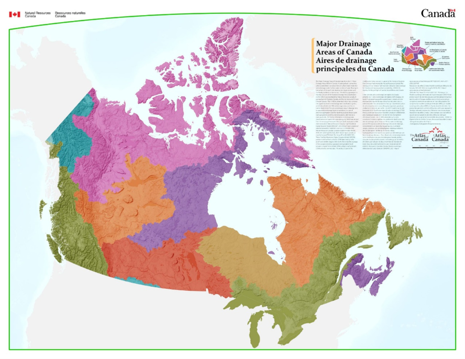 Une carte du Canada montrant les bassins hydrographiques