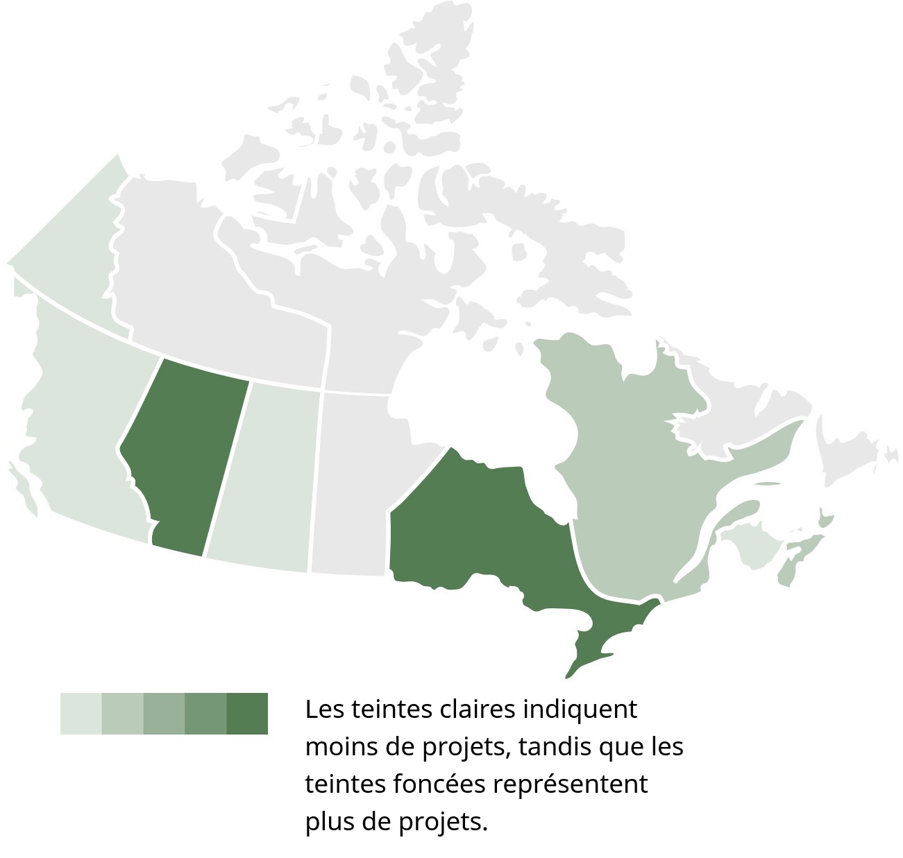 Carte du Canada illustrant la répartition des projets entre les provinces et les territoires. Les teintes claires indiquent moins de projets, tandis que les teintes foncées représentent plus de projets.