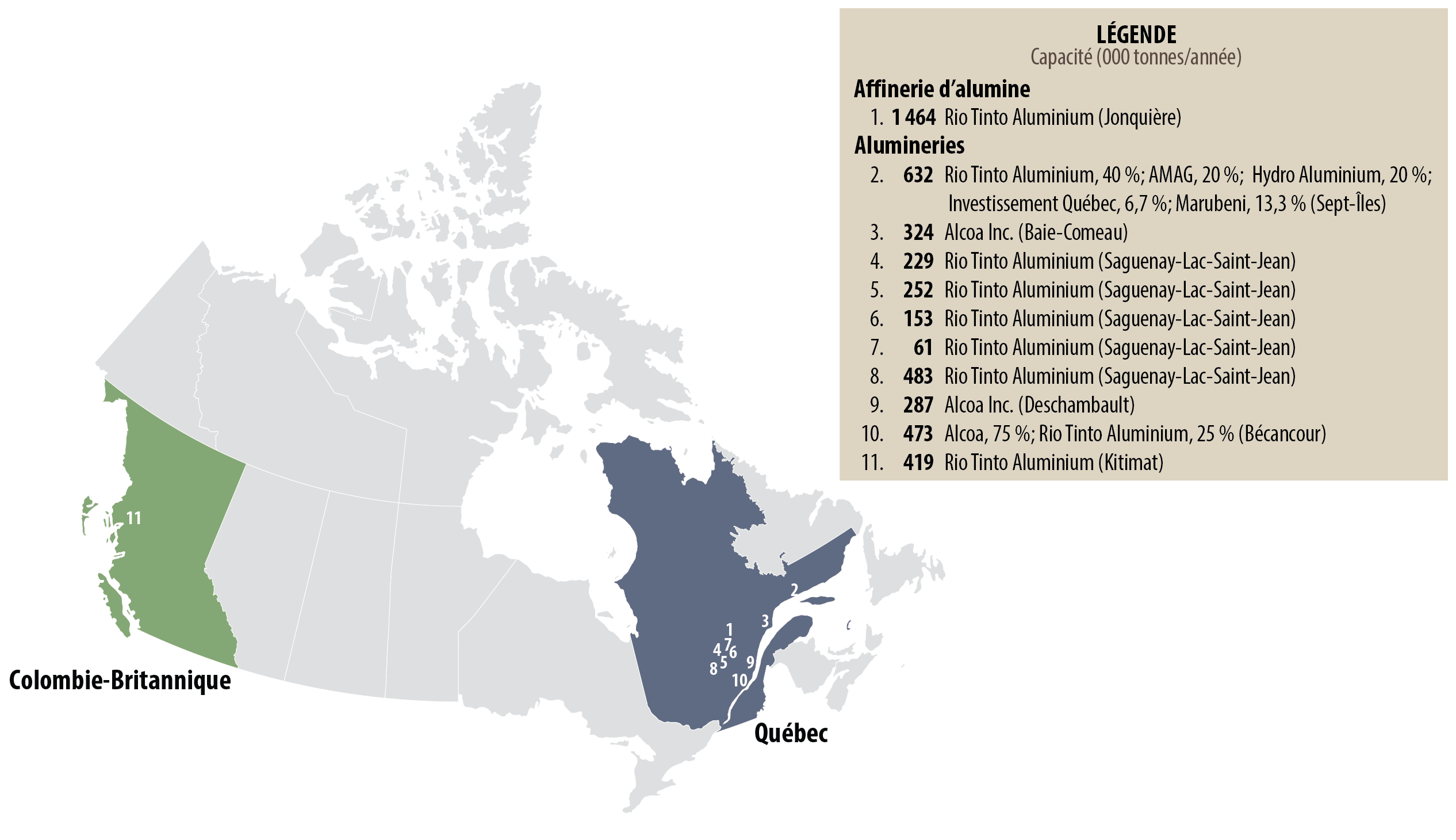 carte des alumineries au Canada