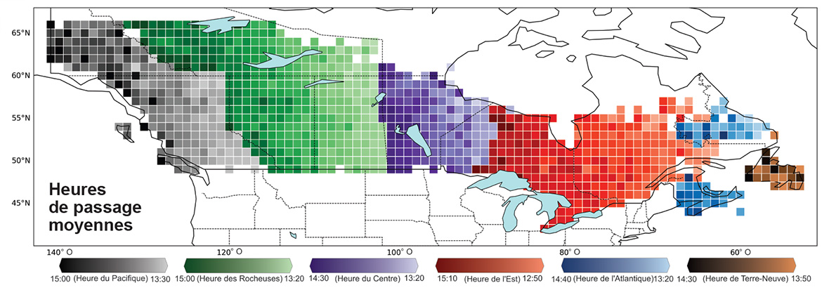 Carte du Canada divisée en cellules colorées représentant les heures moyennes de passage des satellites VIIRS selon les fuseaux horaires; description longue ci-dessous.