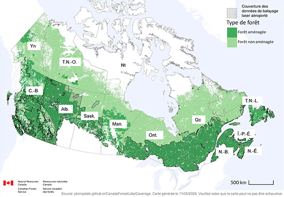Carte du Canada montrant la couverture des données lidar (vert foncé) dans les écozones forestières (vert clair).