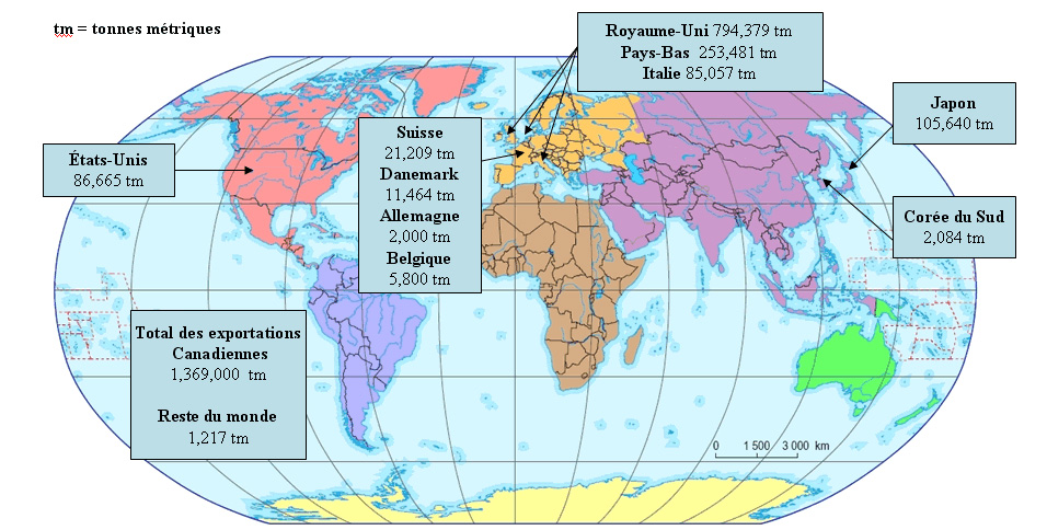 Schéma d’une carte du monde qui montre les exportations de granules de bois canadiens, 2012