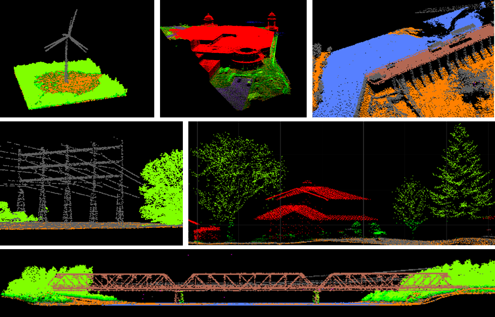 Images 3D de diverses caractéristiques, y compris une éolienne, une maison, des lignes électriques et un pont.
