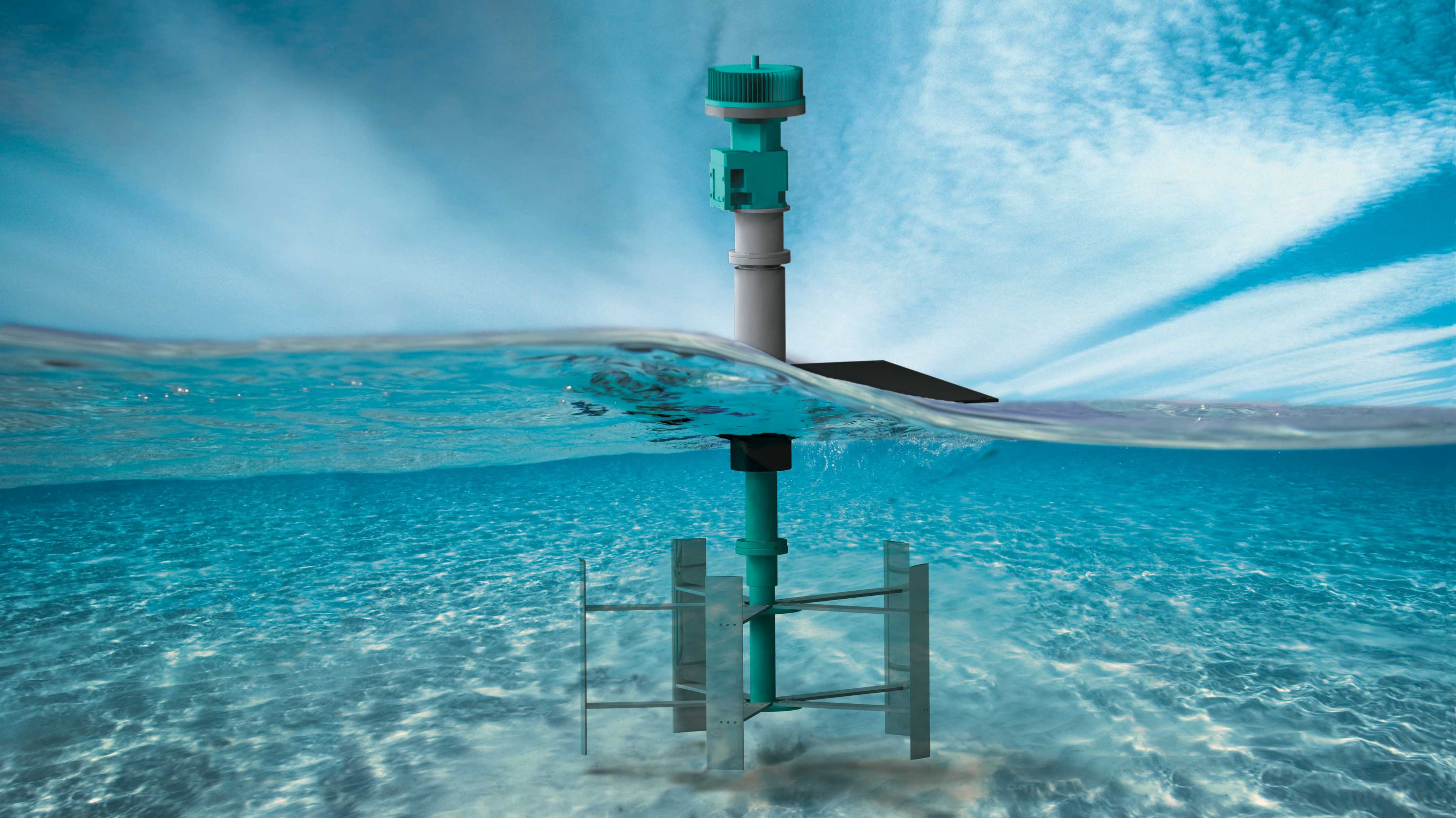 Image de synthèse d’une turbine d’énergie hydrocinétique fluviale, illustrant la partie immergée et celle hors de l’eau.