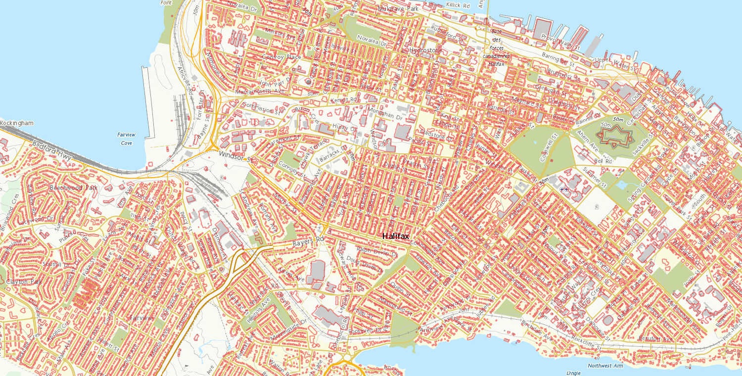Carte d’Halifax montrant les empreintes des bâtiments, les espaces verts, les routes et les plans d’eau.