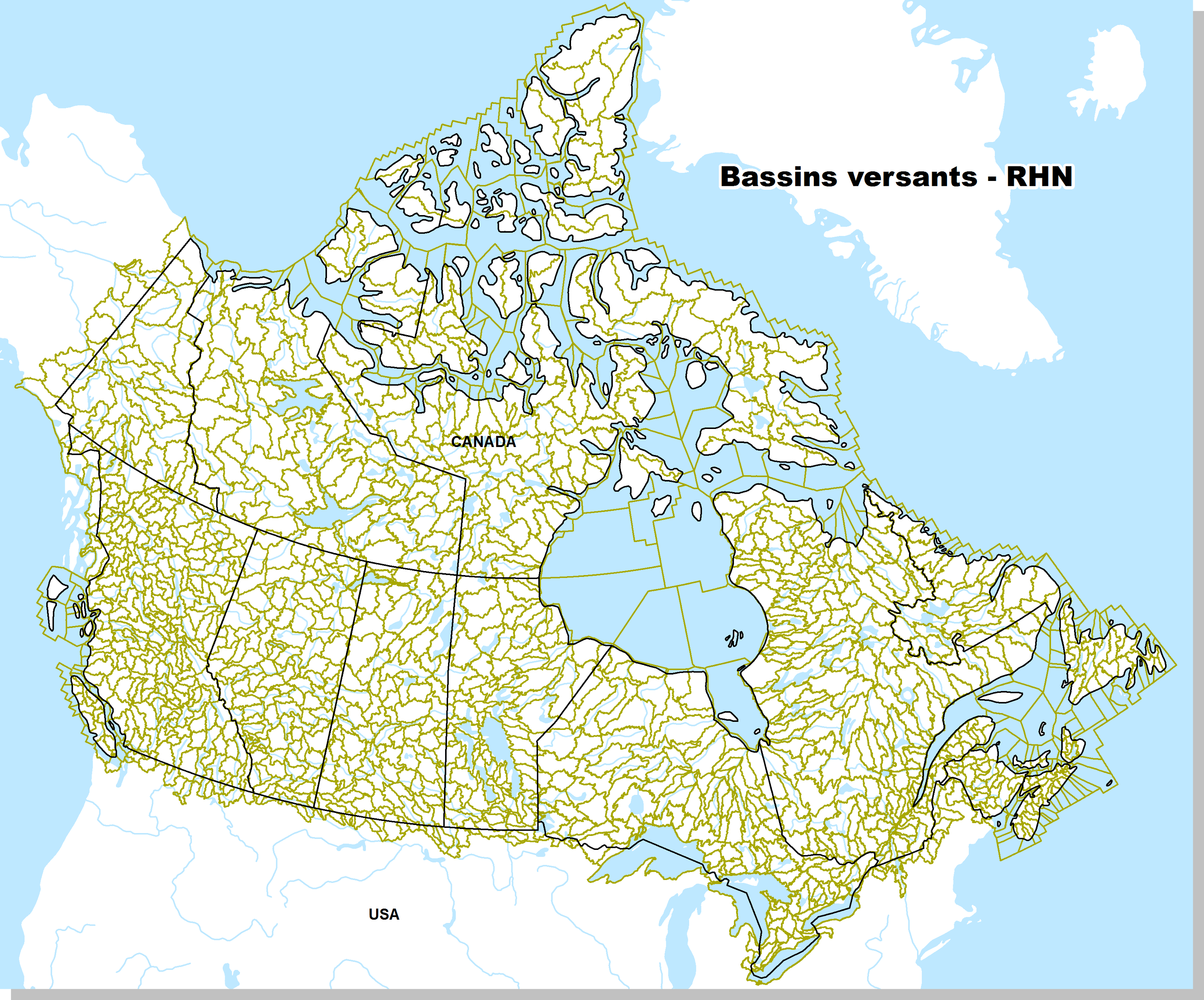 Carte des limites des bassins versants sur l’entièreté du territoire canadien 