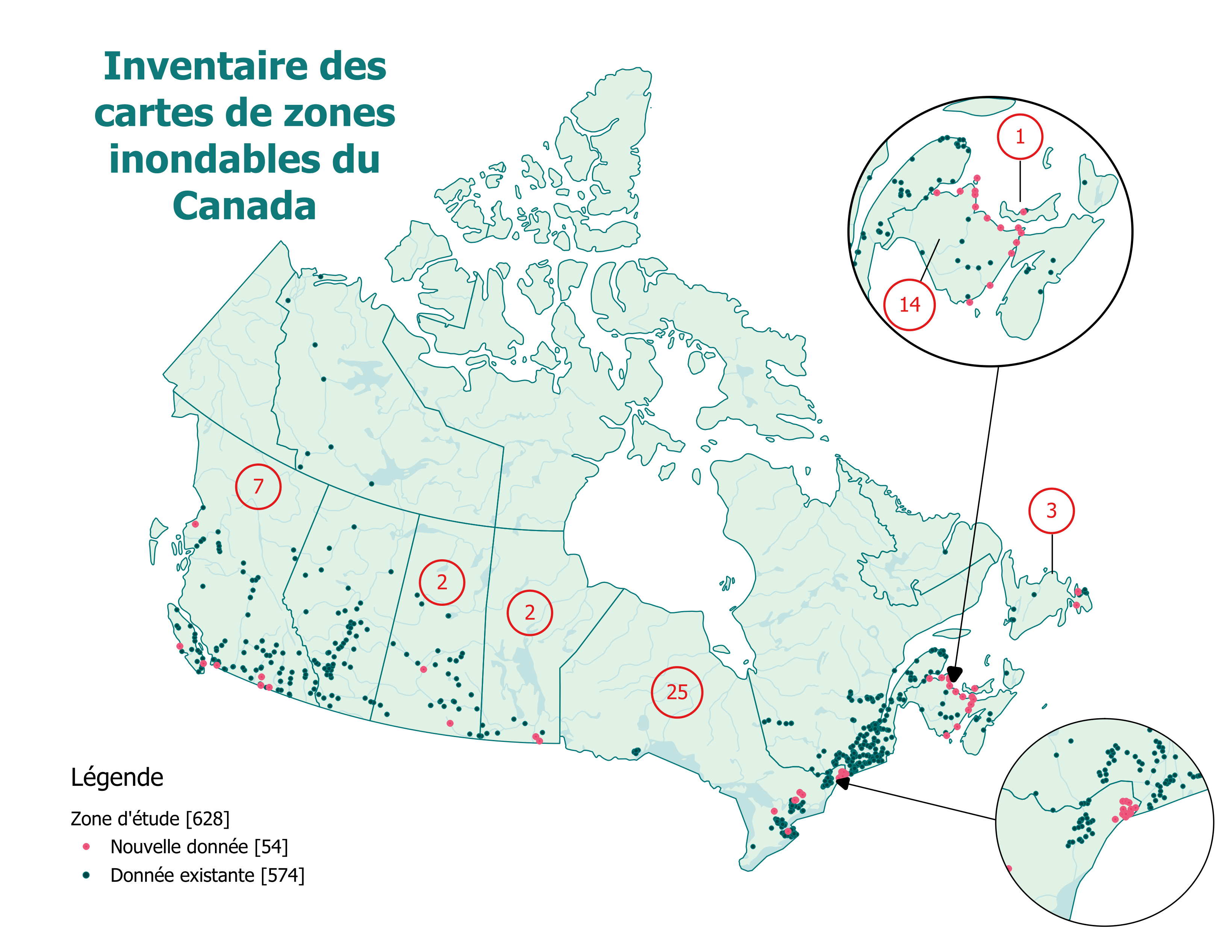 Inventaire des cartes de zones inondables du Canada. Les points rouges représentent les nouvelles données et les points verts, les données existantes.