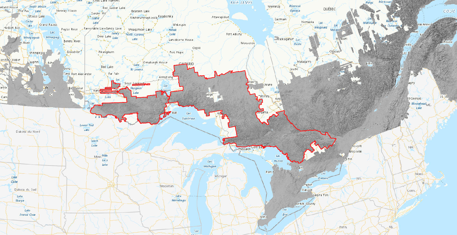 Carte du sud-est de l’Ontario au Canada montrant l’empreinte du Modèle numérique d’élévation à haute résolution. 