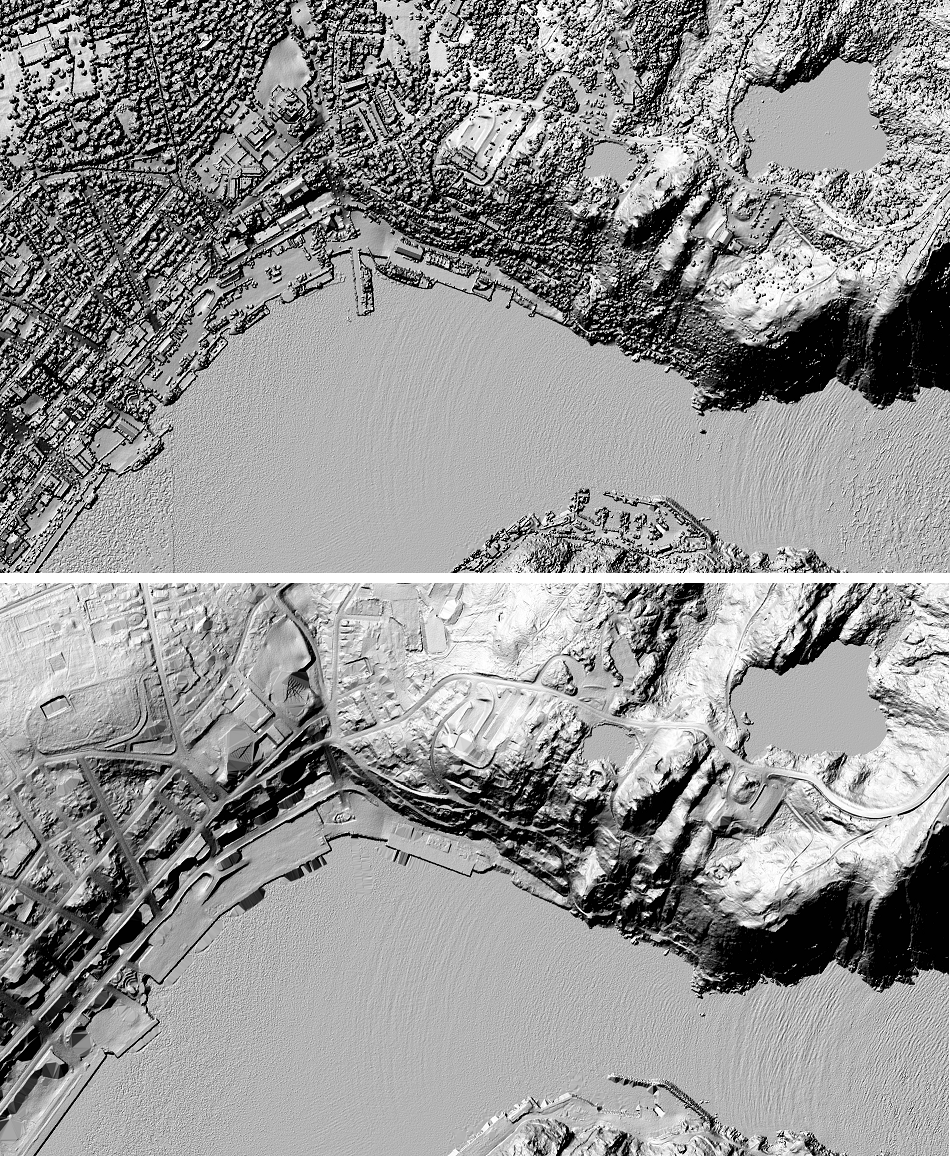 Reliefs 3D ombrés du Modèle numérique de surface (Image du haut) et du Modèle numérique de terrain (Image du bas) couvrant une partie de la ville de Saint-Jean de Terre-Neuve, NL.