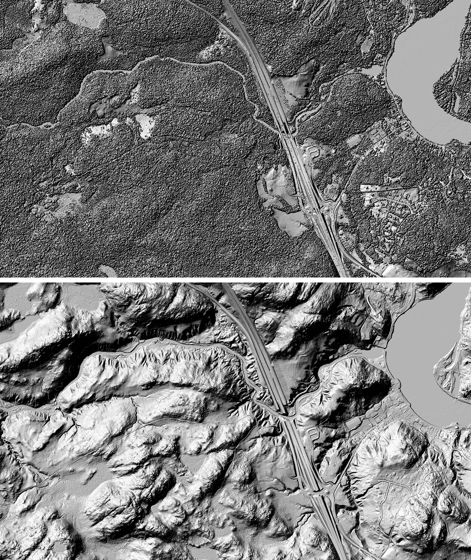 Reliefs 3D ombrés du Modèle numérique de surface (Image du haut) et du Modèle numérique de terrain (Image du bas) couvrant la rivière Gatineau et l’autoroute de la Gatineau près de Wakefield, QC.
